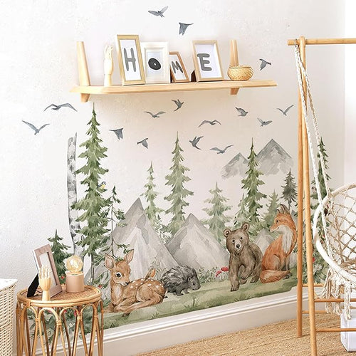 4 Sheet of 36x12 inch Mountain Forest Wall Decal Woodland Bear Fox Deer Peel and Stick Wallpaper for Kids Boys Bedroom Nursery Playroom Large DIY Watercolor Animal Tree Mural Wall Art Decor