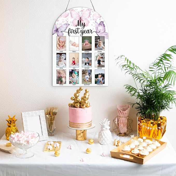 My First Year Photo Board, Butterfly Baby Milestone Signs, 12 Months Wooden Picture Frame, Nursery Gender Neutral Gifts for Girl Boy, Best Gifts for 1st Birthday Baby Shower Decorations-A01