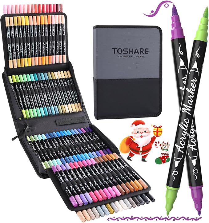 TOSAHRE Acrylic Paint Pens Markers 100 Colors Waterproof Dual Tip Acrylic Markers Set with Brush & Fine Tip Coloring Pens for Rock Painting Wood Scrapbook Fabric Glass Ceramic DIY Craft Art Supplies