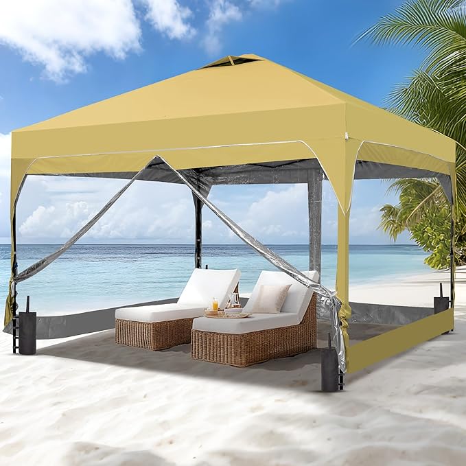GDY 12x12FT Pop Up Canopy Tent with One Push Setup, Easy Setup Gazebo with 4 PVC Transparent Sidewalls for Events, Parties, Camping, Khaki