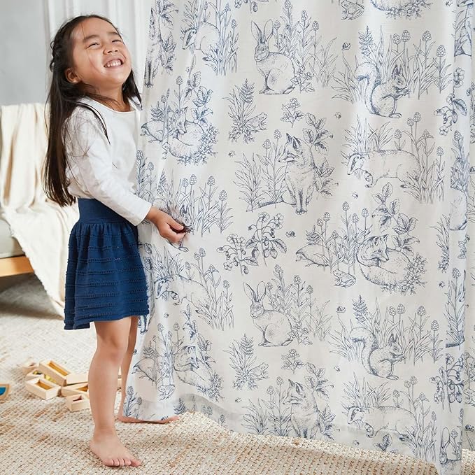 jinchan Linen Nursery Curtains 72 inch Long Woodland Wildlife Blue Print Drapes for Kid's Room Light Filtering French Country Farmhouse Curtains with Bunny and Forest Design Set of 2 Panels