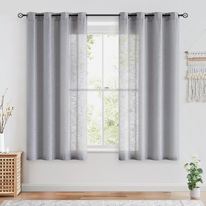 FMFUNCTEX Linen Semi Sheer Curtains for Bedroom, Grey Curtains 54 Inch Length for Living Room, Country Farmhouse Sheer Short Drapes, Light Filtering Window Curtain, Grommet Top 2 Panels