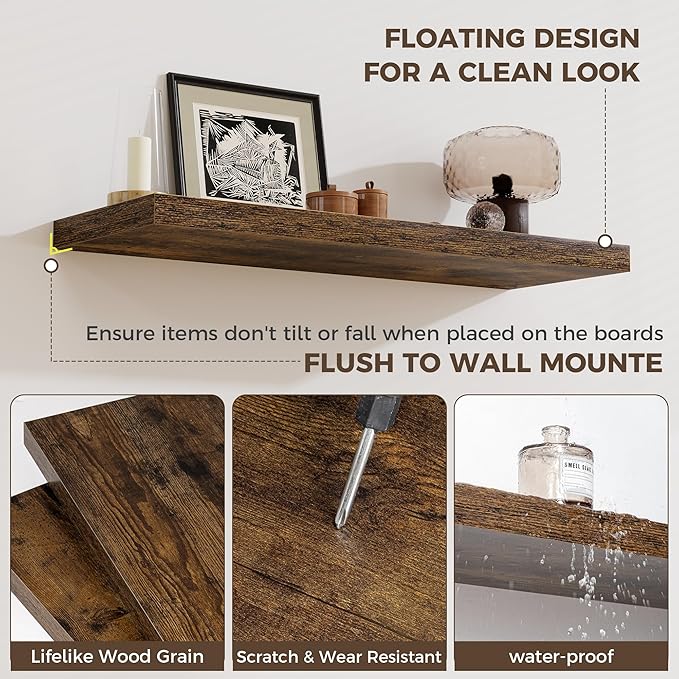 Fun Memories 12 Inch Deep Floating Shelves for Wall, 20 Inch Long Wall Mounted Storage Shelf, 3 Pack Hanging Wood Shelf for Farmhouse, Bedroom, Kitchen, Living Room, Rustic Brown