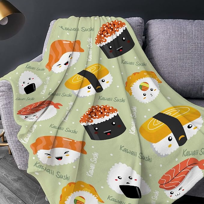 Thuswarm Cute Sushi Kawaii Flannel Throw Blanket Warm Cozy Soft Cartoon Food Print Blankets for Bed Couch Sofa Room Decoration Gifts 60”×50” Medium for Teen