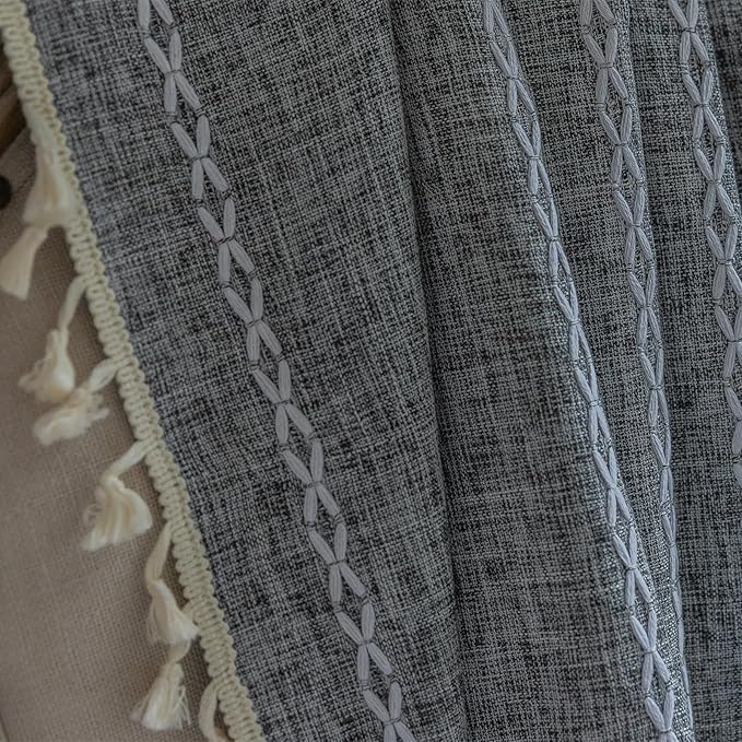 Deeprove Sheer Boho Curtains 63 inches Length for Cafe Closet Kitchen, Vintage Bohemian Embroidery Farmhouse Light Filter Privacy Country Tassel Window Treatments, W52 x L63,Dark Coal Grey 1 Panel