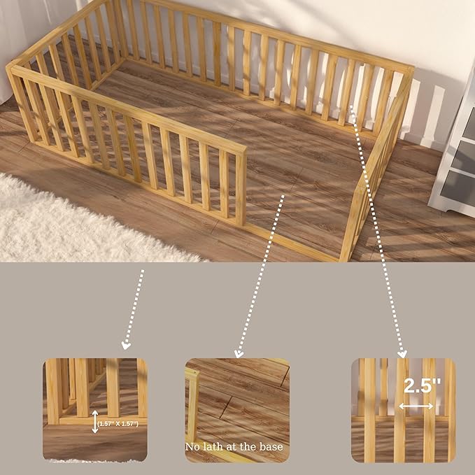 Montessori Floor Bed for Kids 75.8'' x 80'' King | Toodlers Floor Bed with Safety Guardrails | Pine Wood Baby Bed | Sturdy Wood Frame Bed for Girls and Boys (King, Height : 23.6 Inches)