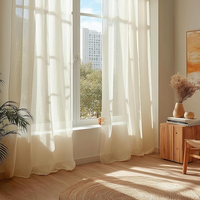 Dreaming Casa Ivory Sheer Curtains 96 Inches Long, Rod Pocket & Back Tab Light Filtering Textured Sheers for Living Room Bedroom, 2 Panels, Each 100" W x 96" L