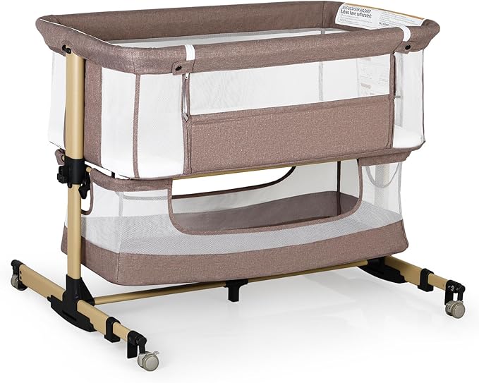 Baby Bassinet Bedside Sleeper, 3-in-1 Bedside Bassinet, 5 Height Adjustable Rocking Baby Crib, Breathable Full Mesh, Mosquito Net, Storage Basket, Stable and Secure Bassinets for Newborn Infant
