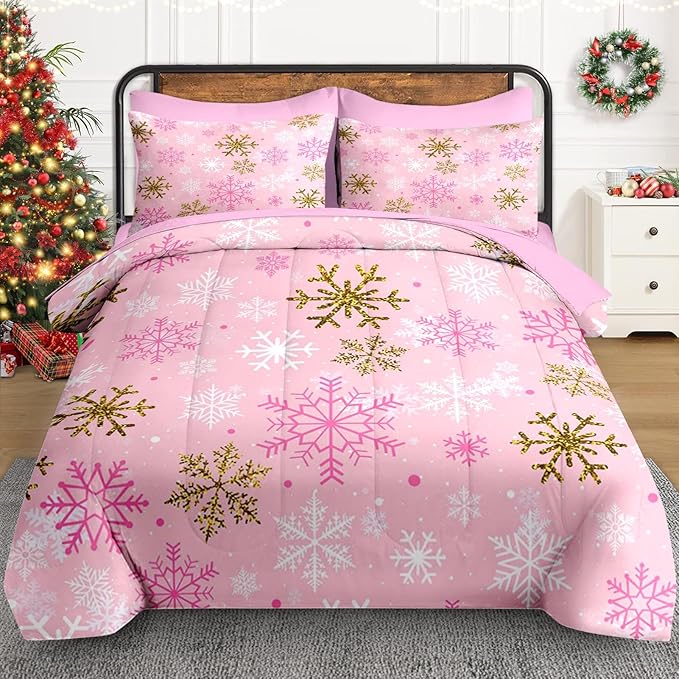 7 Pcs Queen Size Christmas Comforter Set with 2 Pillowcases & 2 Shams, Pink Winter Snowflake Bedding for Kids and Adults, Funny Sparkle Farm Bed in a Bag with Flat Fitted Sheet