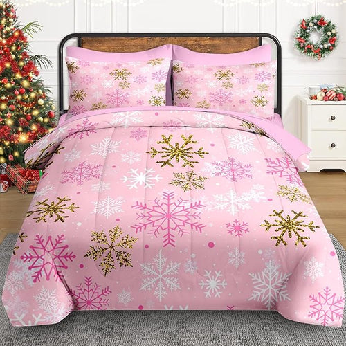 7 Pcs Queen Size Christmas Comforter Set with 2 Pillowcases & 2 Shams, Pink Winter Snowflake Bedding for Kids and Adults, Funny Sparkle Farm Bed in a Bag with Flat Fitted Sheet