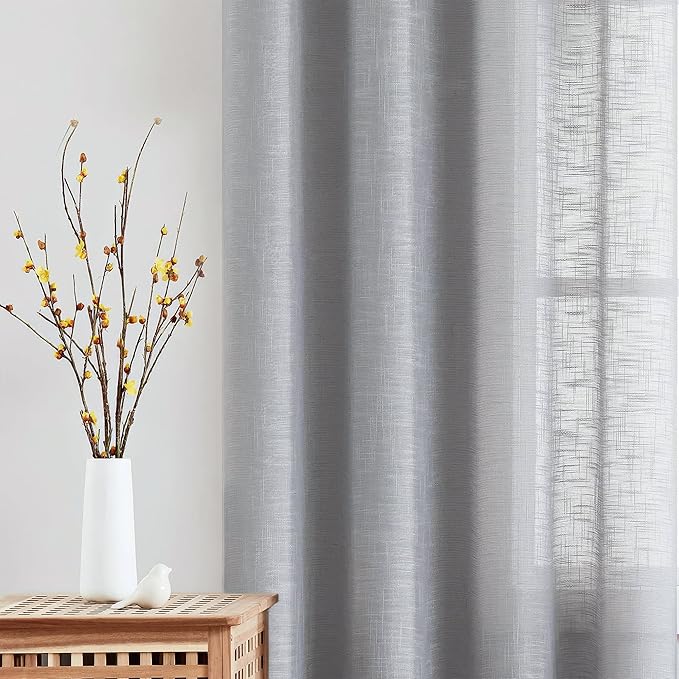 FMFUNCTEX Linen Semi Sheer Curtains for Bedroom, Grey Curtains 72 Inch Length for Living Room, Country Farmhouse Sheer Drapes, Light Filtering Window Curtain, Grommet Top 2 Panels