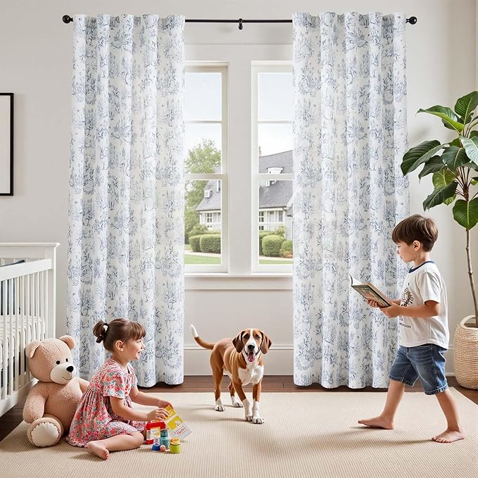 jinchan Linen Nursery Curtains 90 inch Long Woodland Wildlife Blue Print Drapes for Kid's Room Light Filtering French Country Farmhouse Curtains with Bunny and Forest Design Set of 2 Panels