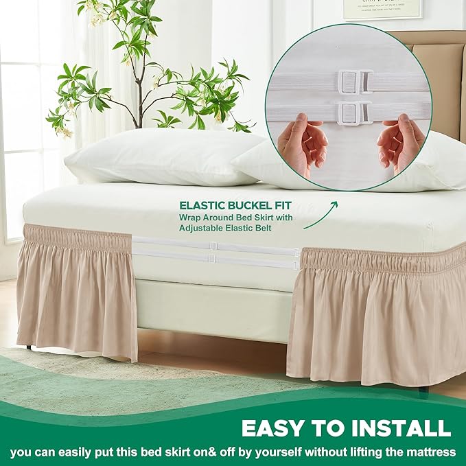 Biscaynebay Wrap Around Bed Skirts with Adjustable Belts for Twin & Twin XL Beds 15" Drop, Sand Elastic Dust Ruffles Easy Fit Wrinkle Resistant Silky Luxurious Fabric Machine Washable