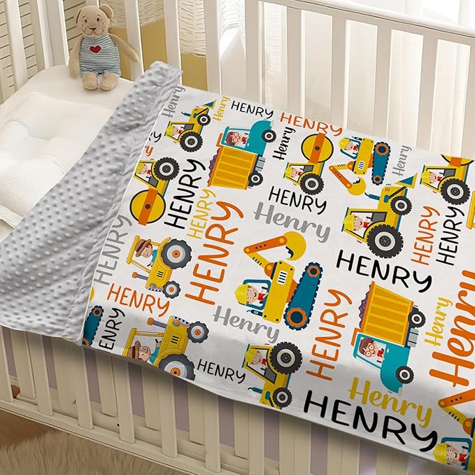 Personalized Baby Blankets for Boys, Custom Name Blanket Birthday Gift for Kid, Soft Flannel Blanket with Dotted Backing for Infants Toddlers, Customized Gifts, Yellow Truck(30”x40)