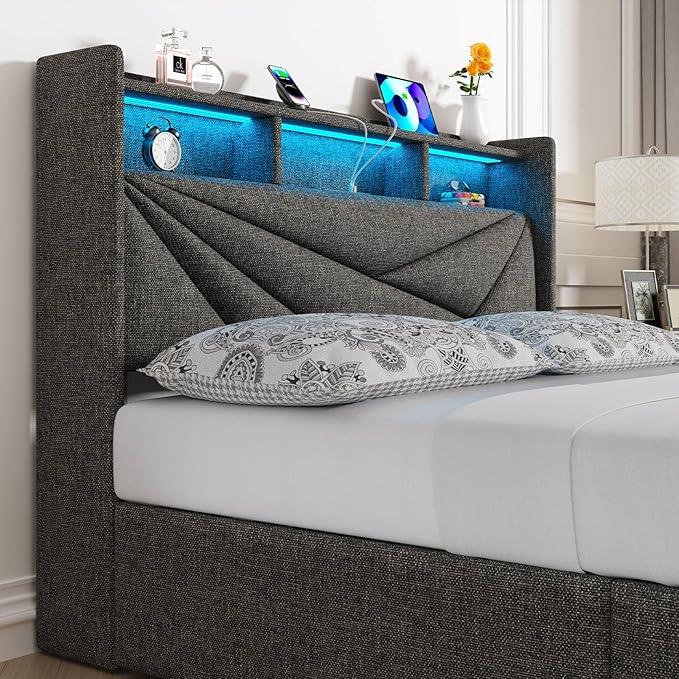 LED Full Size Bed Frame with 4 Storage Drawers, Upholstered Full Bed Frame with 2-Tier Headboard and Charging Station, No Box Spring Needed, Easy to Assembly - Dark Grey