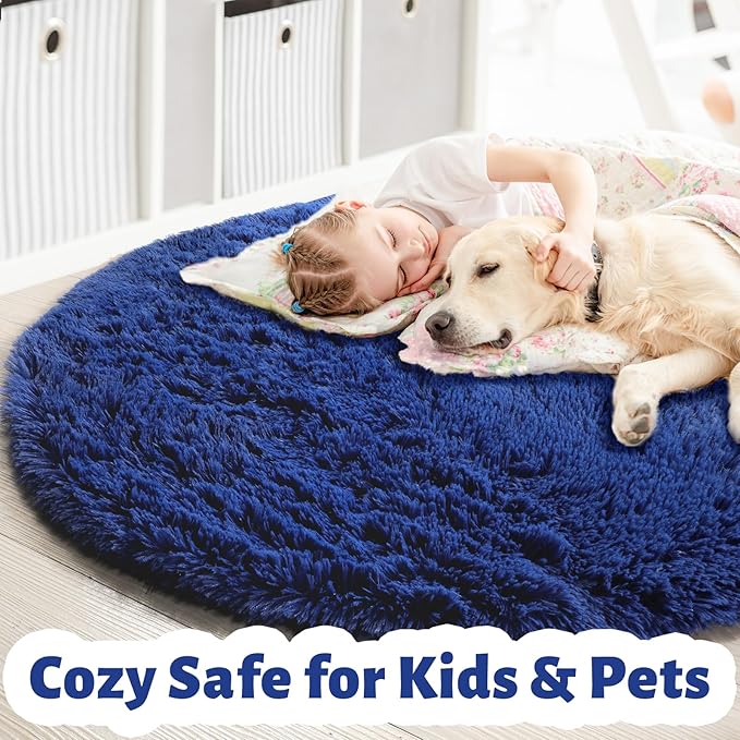 Navy Blue Round Rug 4Ft for Boys Room Bedroom, Washable Circle Area Rugs for Kids Room, Living Room Decor Aesthetic, Fluffy Shag Fur Throw Royal Dark Blue Carpet for Preppy Dorm Playroom Baby Nursery