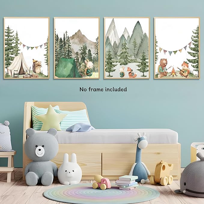 Kousne Woodland Adventure Nursery Canvas Wall Art Set of 4 Camping Animal Prints BearFox Rabbit Hiking PostersForest Mountain Themed Kids Room PictureNature Exploration Wall Decor Frameless 12x16In ﻿