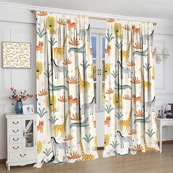 Wild Animals Curtains, Cute Cartoon Animals Zoo with Lion Zebra Crocodile Cat and Giraffe Tropical Jungle Plant Print Window Treatments for Kids Boys Girls Bedroom Living Room 63x72in