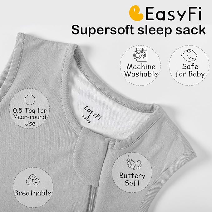 Supersoft Rayon Made from Bamboo Sleep Sack 6-12 Months 0.5 Tog Lightweight Toddler Sleep Sack Baby Wearable Blanket with 2-Way Zipper Summer Unisex Sleeping Bag for Babies - Gray