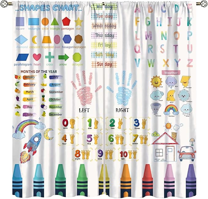 Kids Educational Alphabet Curtain,Boho Watercolor Alphabet Pastel Numbers Shapes Colors for Girls Child Nursery Home Kids Printed Rod Pocket Blackout Window Drapes for Bedroom Living Room 42"W X 63"L