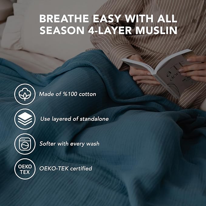 Goqan Throw Blanket 55x60 – 100% Cotton 4 Layer Boho Muslin Blanket for Adults, Lightweight, Soft, Breathable for Bed, Couch, Picnic - Teal