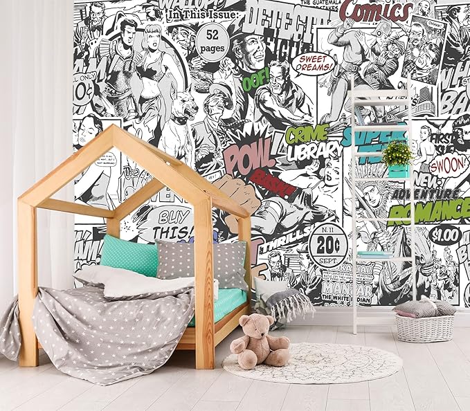 XMPMBM-Cartoon Hand-Painted Comics Nursery Room Fabric Wallpaper Kids Gaming Room Graffiti Bedroom Wall Mural-W 132" X H 92"（93 Square Foot）