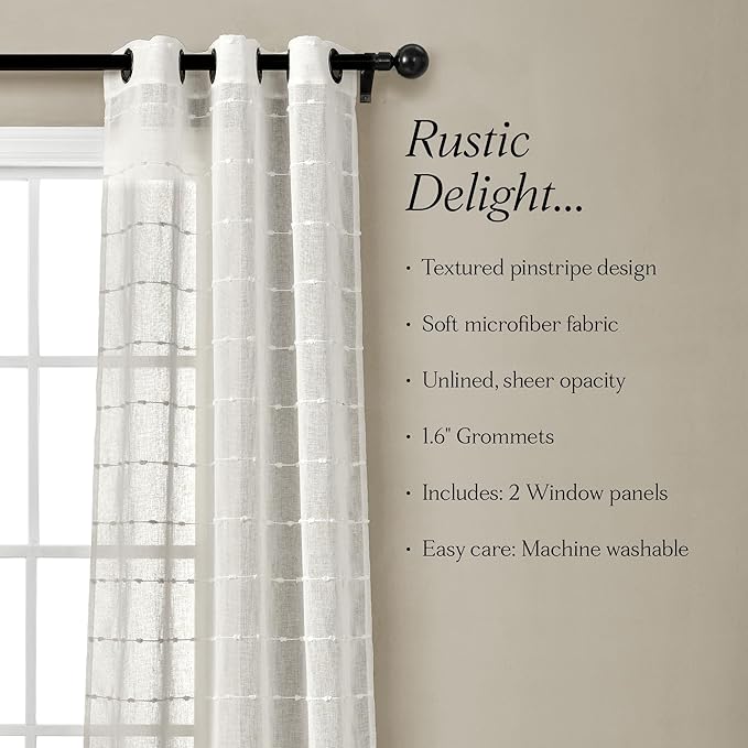 Lush Decor Farmhouse Textured Grommet Sheer Window Curtain Panel Pair, 38"W x 120"L, White