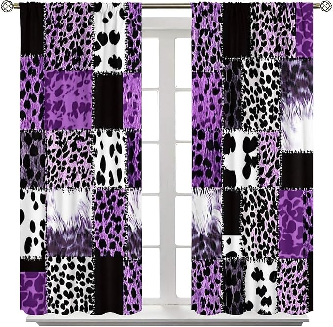 Brown Leopard Curtain, Purple Patchwork Cheetah Panthera Zebra Giraffe Print Safari Wildlife African Wild Animal Skin Window Curtains for Living Room Bedroom 63" W X 72" L