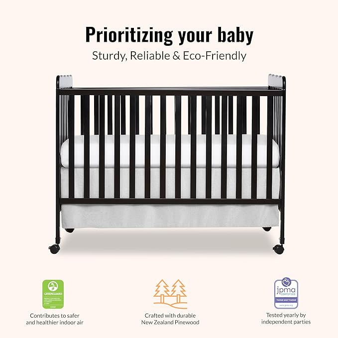 Dream On Me Carson Classic 3-in-1 Convertible Full-Size Baby Crib in Black, GreenGuard Gold & JPMA, 4 Mattress Heights, Converts to Day & Toddler Bed, Locking Wheels, Classic Nursery Design