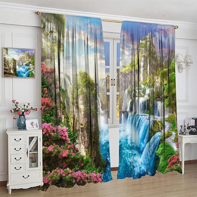 Forest Waterfall Blackout Curtain, Watercolor Tropical Jungle Waterfall Spring Flower Natural Scenery Pattern Window Drapes, for Bedroom Living Room 63" W X 63" L