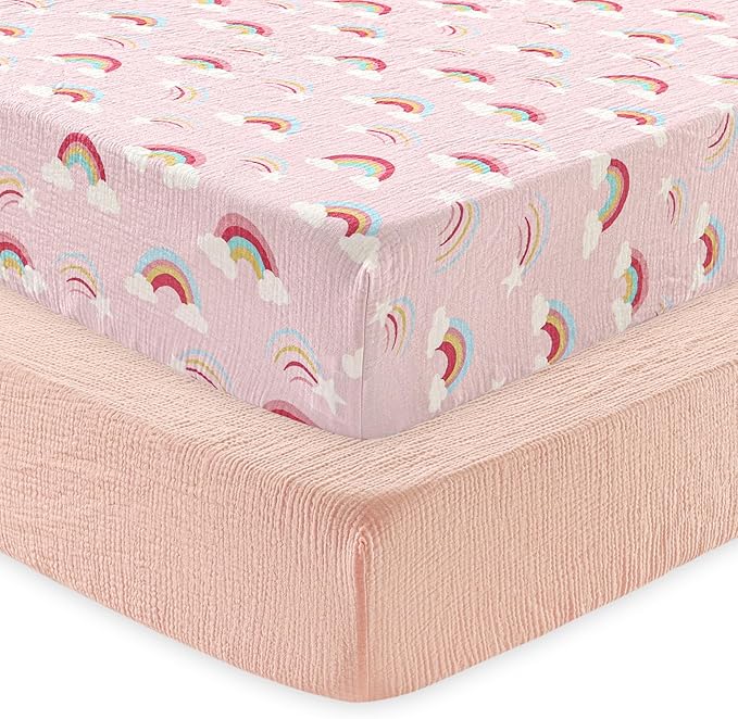 david's kids Muslin Crib Sheets for Girls, 2 Pack 100% Cotton Soft Breathable Fitted Baby Sheet Set, Standard 52"x28" Crib and Toddler Mattress, Rainbow