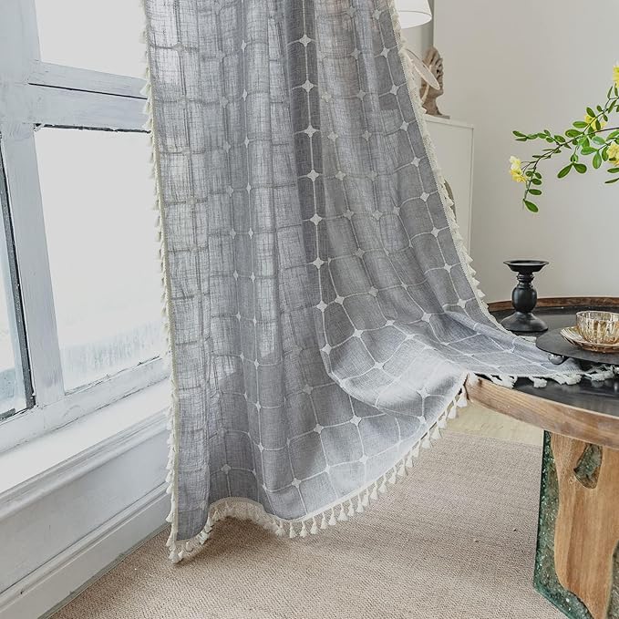 Deeprove Gray Boho Plaid Curtains 72 inch for Home Office Kitchen Nursery, Semi Blackout Casual Farmhouse Tassels Window Treatment Bohemian Embroidery Drape Rod Pocket 1 Panel 52 W x72 L, Grey