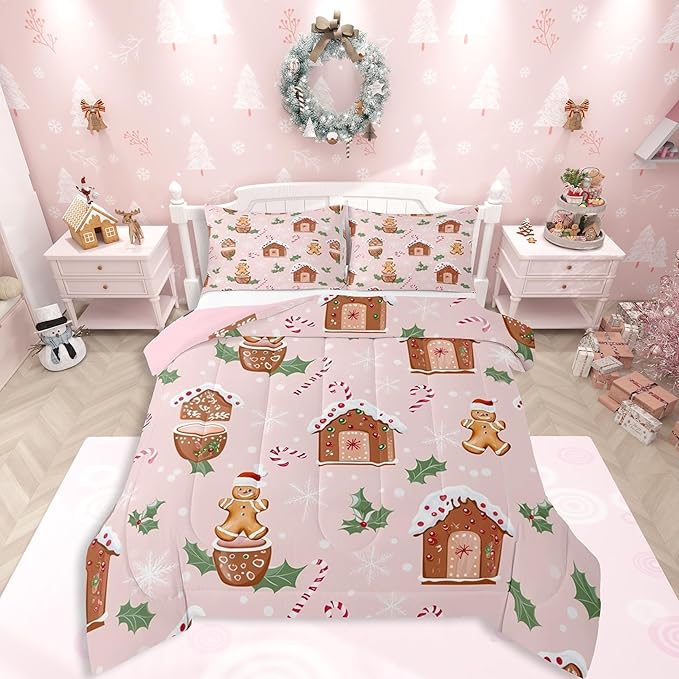 Feelyou Pink Christmas Comforter Set All Season Gingerbread Man Bedding Set with 2 Pillow Cases Christmas Pastry Microfiber Kids King Bedclothes Candy Cane Bedroom Decor Duvet Quilt Breathable Soft