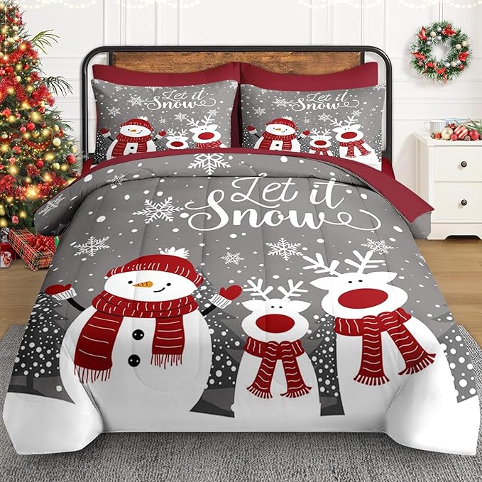 7 Pcs Queen Size Christmas Comforter Set with 2 Pillowcases & 2 Shams, Grey Cute Snowman Bedding for Kids and Adults, Cartoon Reindeer Bed in a Bag with Flat Fitted Sheet