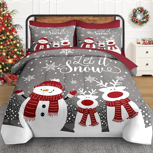 7 Pcs Queen Size Christmas Comforter Set with 2 Pillowcases & 2 Shams, Grey Cute Snowman Bedding for Kids and Adults, Cartoon Reindeer Bed in a Bag with Flat Fitted Sheet