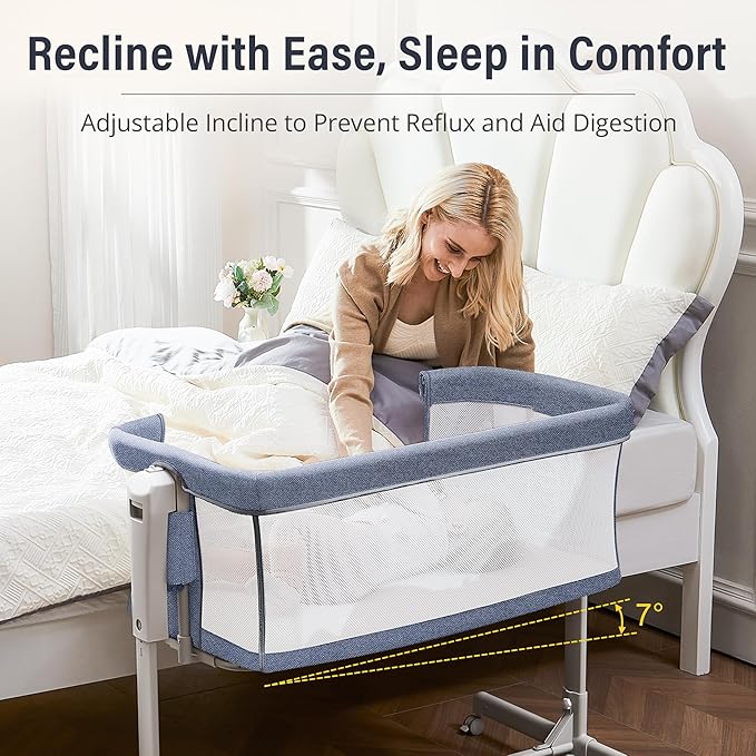 Baby Bassinet Bedside Sleeper 3-in-1, Easy Night Feeding with One-Side Fold & Rolling Wheels, Breathable Mesh, 6-Height Adjustable, Soft Mattress for Newborns