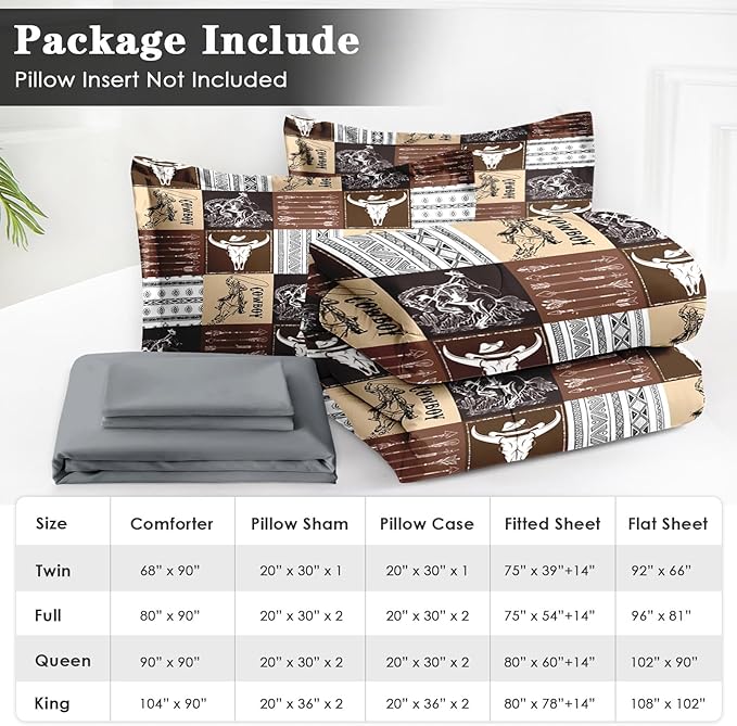 7 Pcs Full Size Comforter Set with 2 Pillowcases & 2 Shams, Cowboy Vintage Brown Bedding for Kids and Adults, Western Bed in a Bag with Flat Fitted Sheet