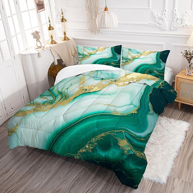 Comforter Set Green Marble: King Size Emerald Green Gold Glitter Bedding Set for Women Adult Girls Bedroom Abstract Turquoise Marbling Quilt Bed Sets 1 Comforter & 2 Pillowcases