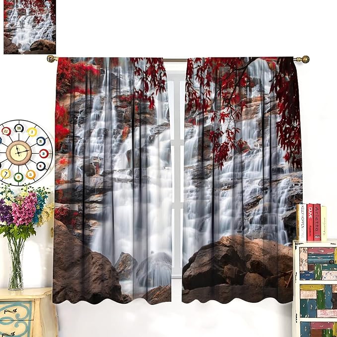 Waterfall Blackout Windows Curtains, Waterfall Red Forest Pattern Nature View Curtains, for Living Room Bedroom 72x63in 2 Panels