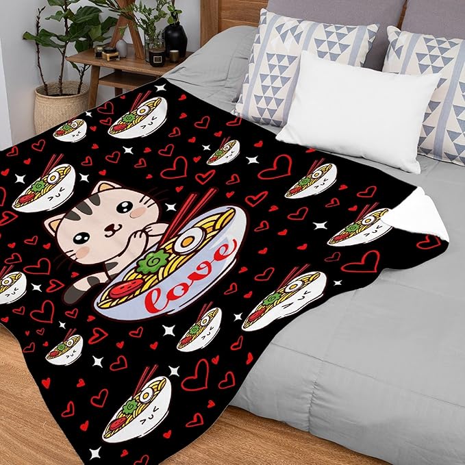 Thuswarm Kawaii Ramen Cat Red Heart Love Flannel Throw Blanket Warm Cozy Soft Funny Print Blankets for Bed Couch Sofa Room Decoration Gifts 50"×40" Small for Kid