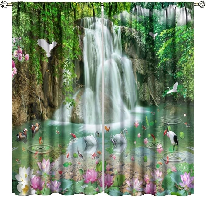 Scenery Waterfall Blackout Curtains, China Country Landscapes Nature Pattern Window Drapes, for Bedroom Living Room 42" W X 63" L