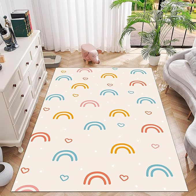 Children's Rainbow Carpet - Girl's Bedroom Living Room Colorful Floor Mats - Soft Washable Anti-Slip Simple Lovely Love Print - Nursery Decoration 2x5ft