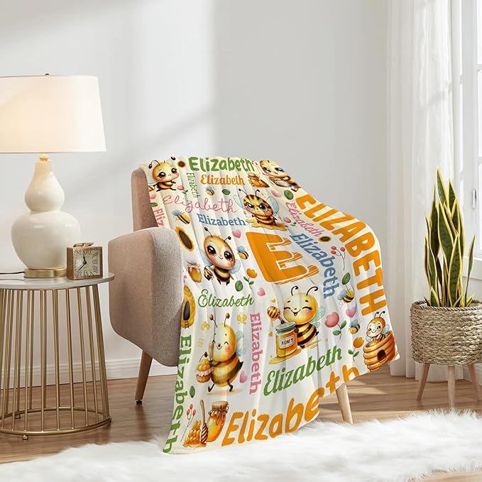Personalized Custom Honey Bee Blanket Gifts for Kids Boys Girls with Name - Customized Honey Bee Super Soft Lightweight Flannel Sheets Decor for Crib Nap Couch - 90"x120" for Whole Family