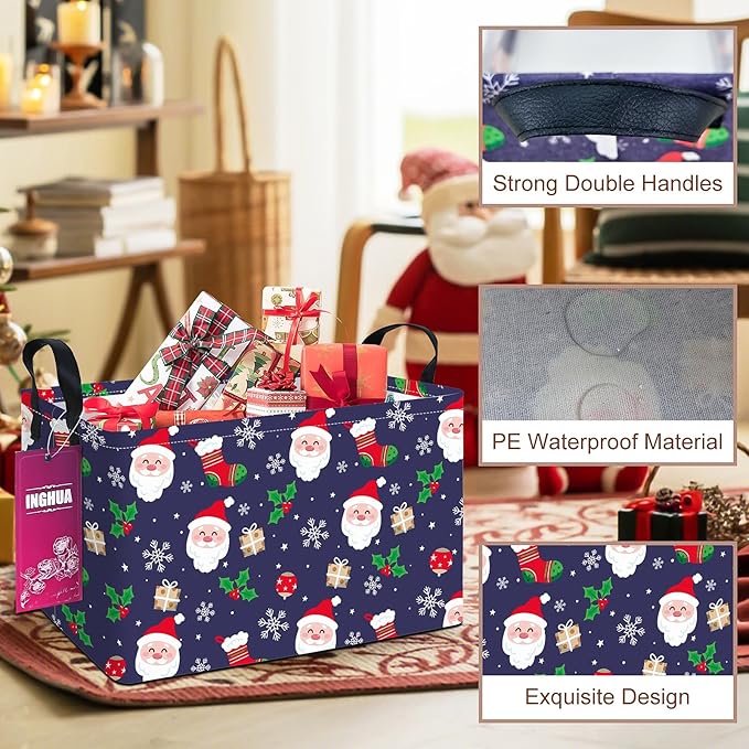Rectangular Christmas Storage Basket Fabric Organizer Bin for Toys,Books,Clothes,Gifts,Pets-Perfect for Home,Office,Nursery,Dorm,Shelf(Rec-Christmas gift basket)