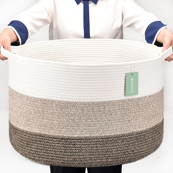 Extra Large Blanket Basket 87L, Laundry Hamper, Baby Nursery Hamper for Storage Toys Clothes Towels, Large Cotton Rope Laundry Basket for Girls Boys, 22”x 14”, White & Gradient Brown