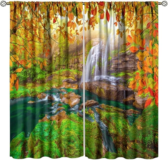 Waterfall Blackout Curtains, Waterfall Landscape Autumn Nature Leaves Forest Window Drapes, for Bedroom Living Room 42" W X 54" L