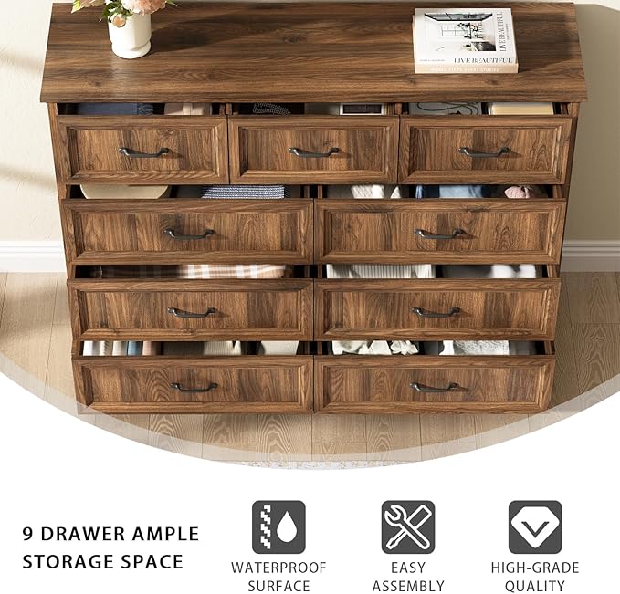 CARPETNAL Farmhouse Dresser and Nightstand Sets for Bedroom, 3 Pcs Bedroom Set, 9 Drawer Dresser & Nightstand Set of 2, Modern Wood Chest of Drawers for Bedroom, Living Room, Entryway, Brown