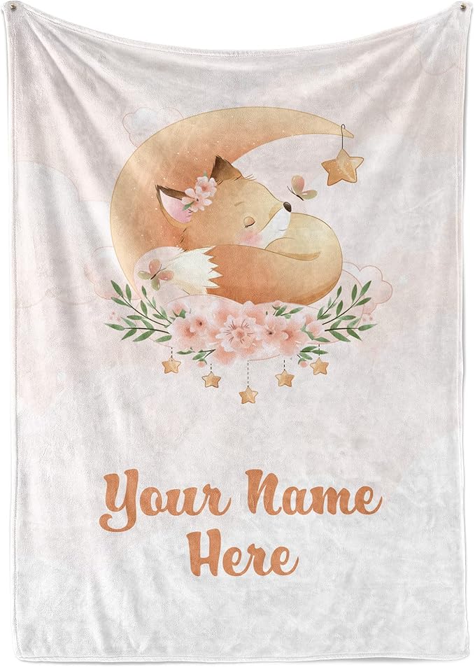 Personalized Baby Blankets with Name | Custom Fox Blanket for Baby Girls and Baby Boys | Unisex Warm Soft Fleece Swaddle Blanket Minky | (Fox, Fleece 30"x40")