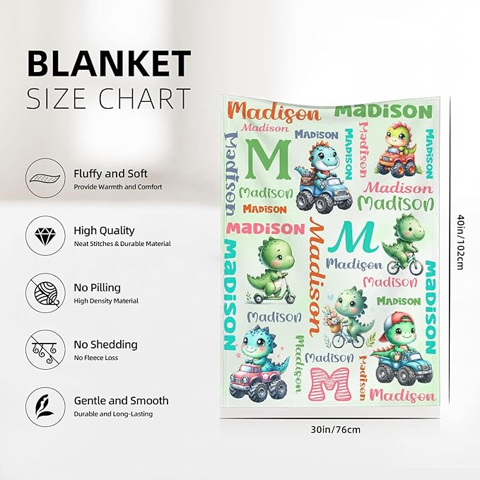 Custom Dinosaur Truck Blanket for Kids - Personalized Funny Dinosaur Gifts with Name - Plush Soft Warm Lightweight Flannel Throw Sheet Decor for Boys Girls Toddler Newborn Crib Nap Couch - 30"X40"