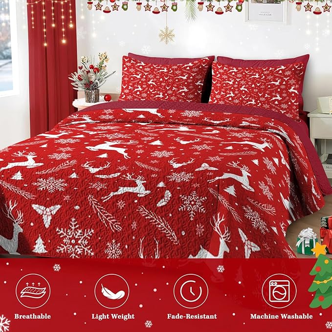 Christmas King Size Quilt Set, White Funny Reindeer Lightweight Bedspread Coverlet with Pillow Shams for Kids and Adults, Winter Snowflake Plants 3 Pcs Bedding Bed Cover